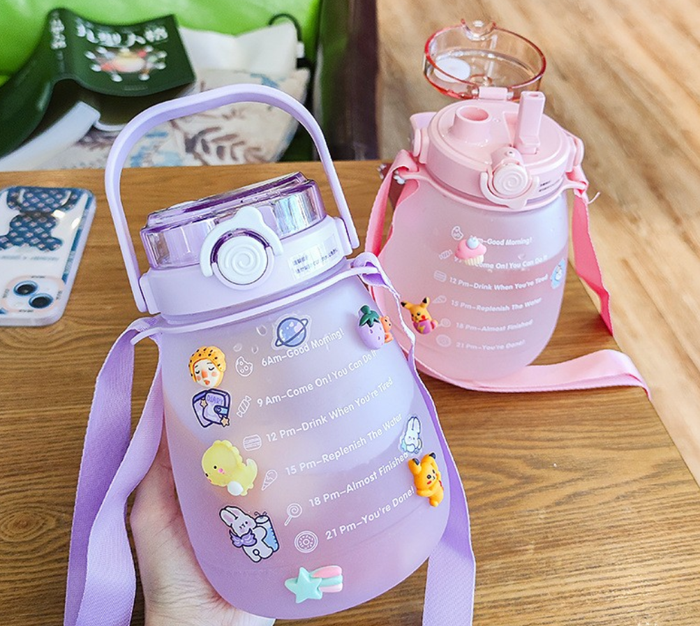 large capacity 45oz dual-use straw bottle student couple water cups  two-layer water bottle Double drink cover with sticker