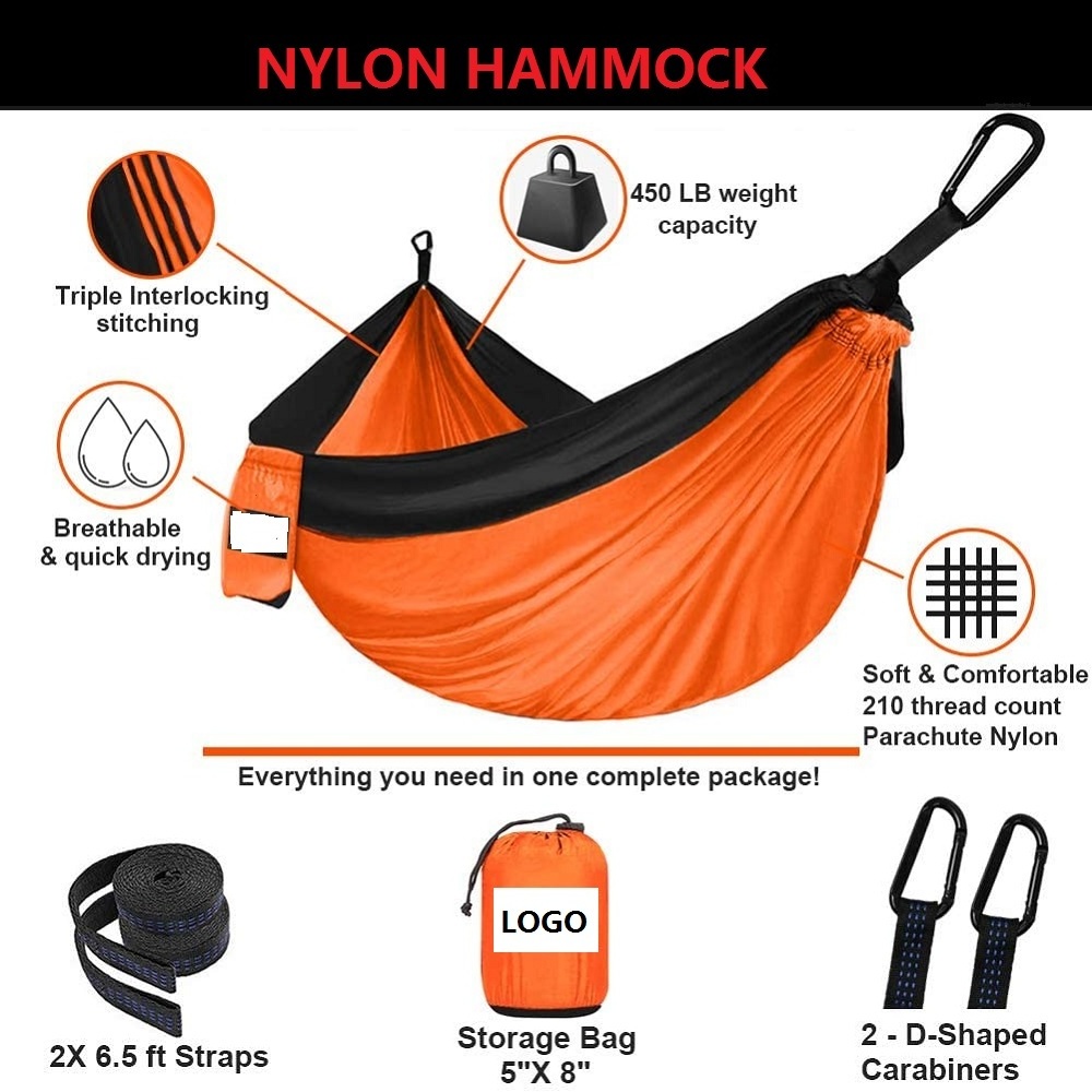 210T parachute nylon outdoor camping double person nylon hammock with tree straps