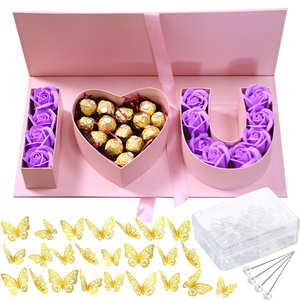 Valentine's Day I Love You Letter Flower Gift Box With Plastic Golden Butterfly Decorations & Bouquet Straight Pins DIY Gift Set