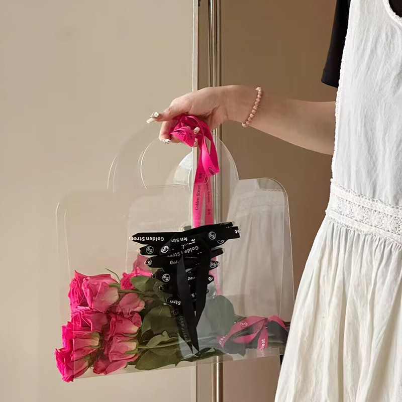 Hot Sale Fashion Clear Plastic Flower Bag Florist Decoration Wedding Flower Bouquet Hand Bag Clear Pvc Flower Bag