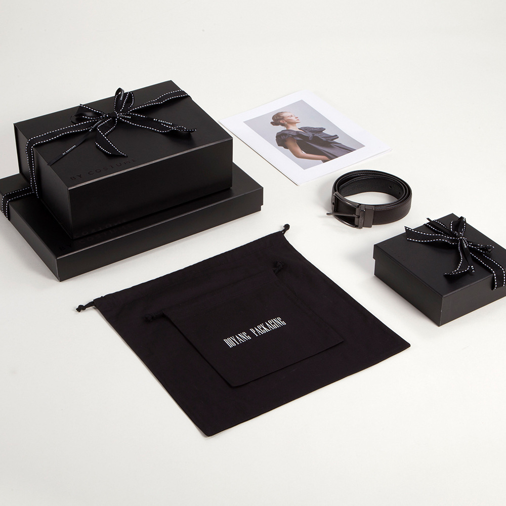 Custom Cardboard Black Empty Shoes Packaging Magnetic Closure Gift Box With Ribbon