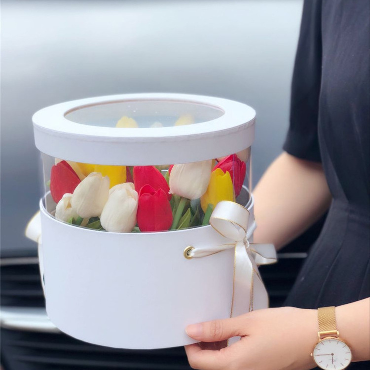 Wholesale Plain Color Pvc Transparent Colorful With Ribbon Flower Gift Round Box Flower Box For Roses