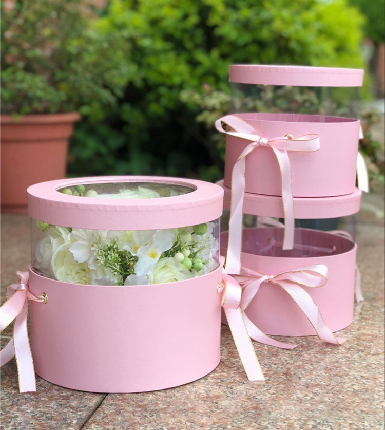 Wholesale Plain Color Pvc Transparent Colorful With Ribbon Flower Gift Round Box Flower Box For Roses