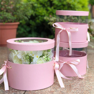 Wholesale Plain Color Pvc Transparent Colorful With Ribbon Flower Gift Round Box Flower Box For Roses