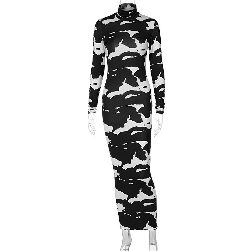 Bodycon Tight Long Maxi Ankle Length Stand High Neck Women Long Sleeve Animal Printed Cow Thailand Clothing Clothes Ladies Dress