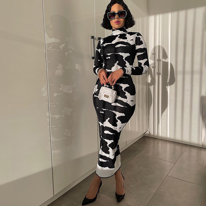 Bodycon Tight Long Maxi Ankle Length Stand High Neck Women Long Sleeve Animal Printed Cow Thailand Clothing Clothes Ladies Dress