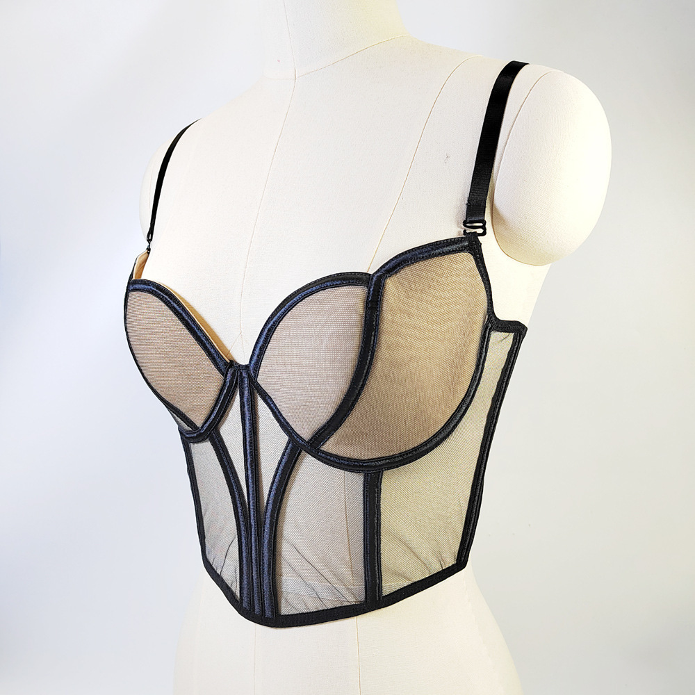 Latest Summer Nude Mesh Transparent Lingerie Corset Bustier Crop Tops Busk Ladies Women's Boned Bra Sexy Bodice Boning Designs