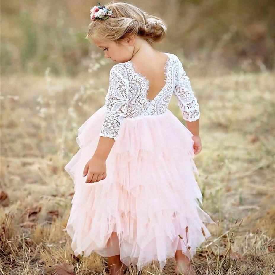 Long Sleeve Lace Cake Smash Party Pageant Baby Gril Dress Kids Clothing Dress French Tulle Lace Fabric For Wedding Evening Dress