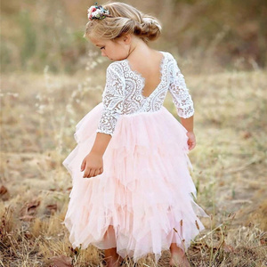 Long Sleeve Lace Cake Smash Party Pageant Baby Gril Dress Kids Clothing Dress French Tulle Lace Fabric For Wedding Evening Dress