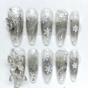 Handmade Supplier Snowflake Christmas Silver Butterfly Jelly Clear Design Art Press On Artificial Fake Cover Diy Nails Wholesale