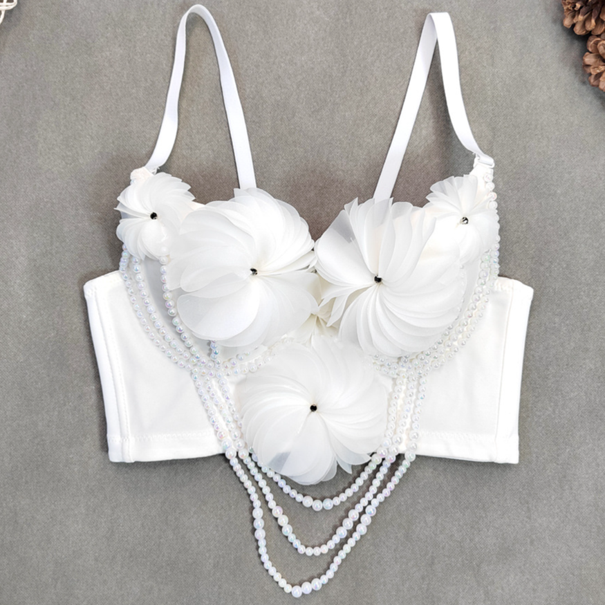 Handmade Luxury 3d Flower Beads Chain Latest Design Fashion Ladies Straps Corsage Bustier Vest Polyester White Crop Top Women