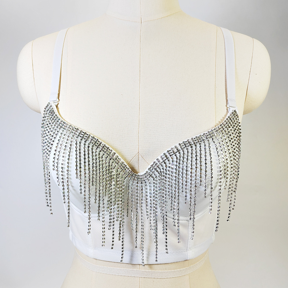 V Neck Tassels Dance Luxury Party Ladies Glitter Cropped Sexy Corset Bustier Vest Fancy Diamond Tube Rhinestone Tank Top Women