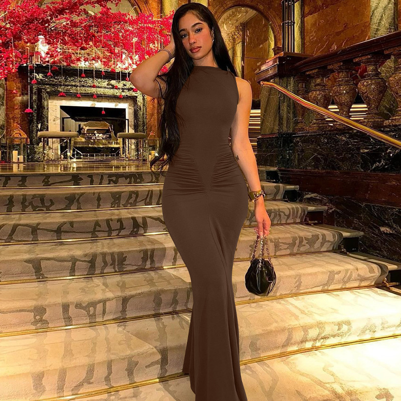 latest fashion wrinkle sleeveless ladies elegant fishtail evening office tight dinner party mature maxi long bodycon dress women