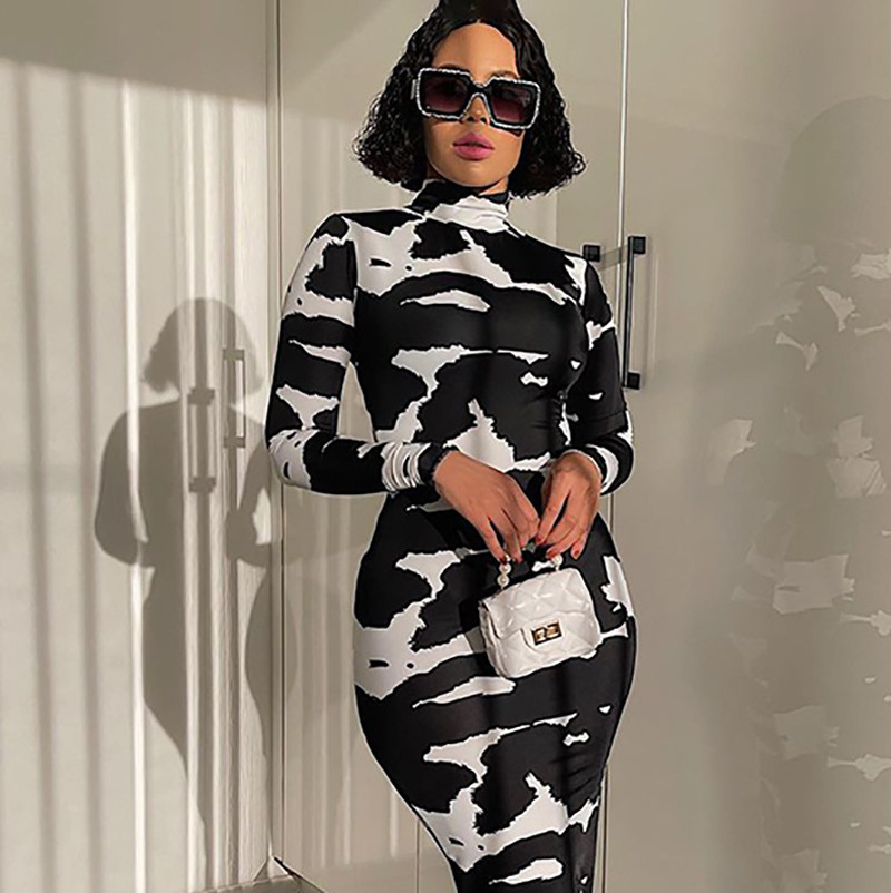 Bodycon Tight Long Maxi Ankle Length Stand High Neck Women Long Sleeve Animal Printed Cow Thailand Clothing Clothes Ladies Dress