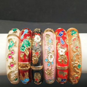 Vintage Ethnic Engraved Grain Gold Alloy Bangles Colorful Oil Drip Cat Eye Stone Diamond Flower Relief Cloisonne Enamel Bangles