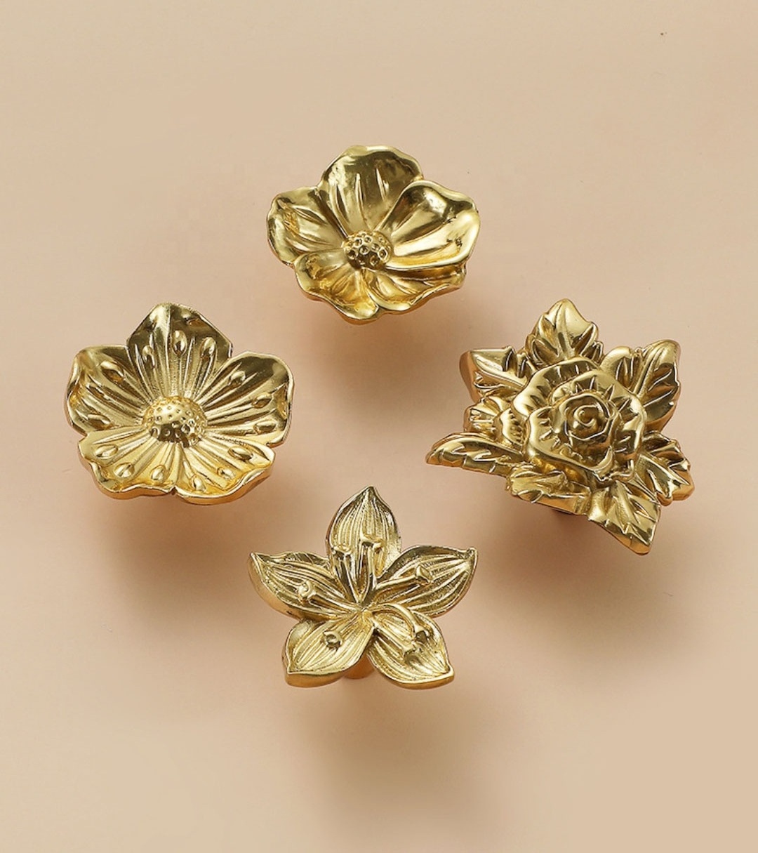 Hot sale creative flower leaf feather snowflake bamboo brass kitchen cabinet pulls and knobs gold