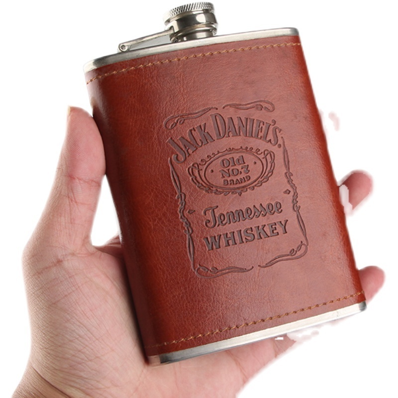 Jameson Whisky Brown Black Leather Metal Man Hip Flask Stainless Steel