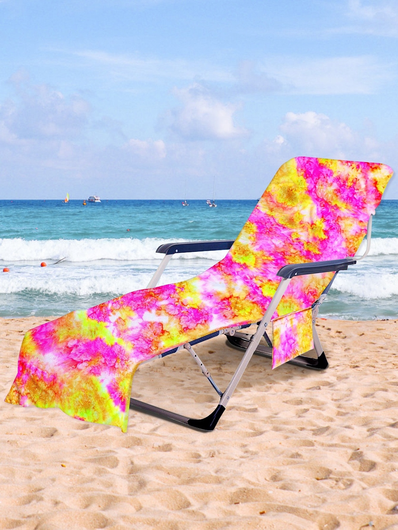 Ready-made Tie Dye Pattern Microfiber Chaise Lounge Chair Towel Cover with Pockets for Outdoor Pool Beach Furniture