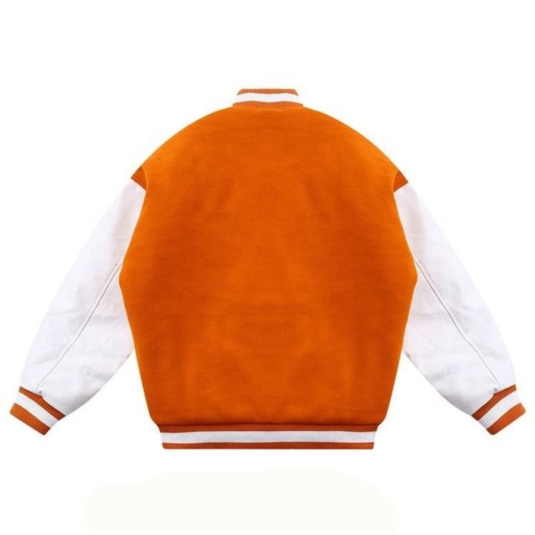 OEVE High Quality Custom  Wool Chenille Embroidery Baseball Letterman Jackets Vintage Orange Leather Sleeve Varsity Men Jacket