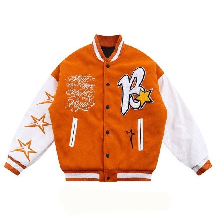 OEVE High Quality Custom  Wool Chenille Embroidery Baseball Letterman Jackets Vintage Orange Leather Sleeve Varsity Men Jacket