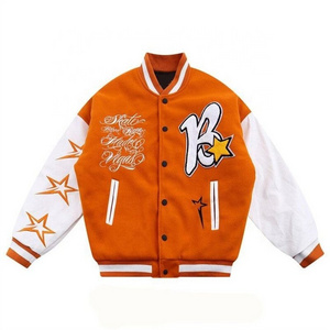 OEVE High Quality Custom  Wool Chenille Embroidery Baseball Letterman Jackets Vintage Orange Leather Sleeve Varsity Men Jacket