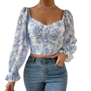 Ladies clothing Women's Tank Top Sexy suits  Floral  print Sweetheart Neck Flounce Sleeve Ruched Chiffon Blouse Tops For Women