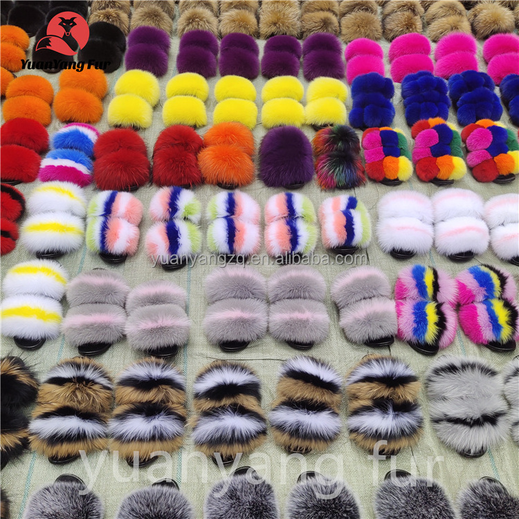 Popular style slides sandals soft big fluffy fox and racoon fur slippers women big fur slides