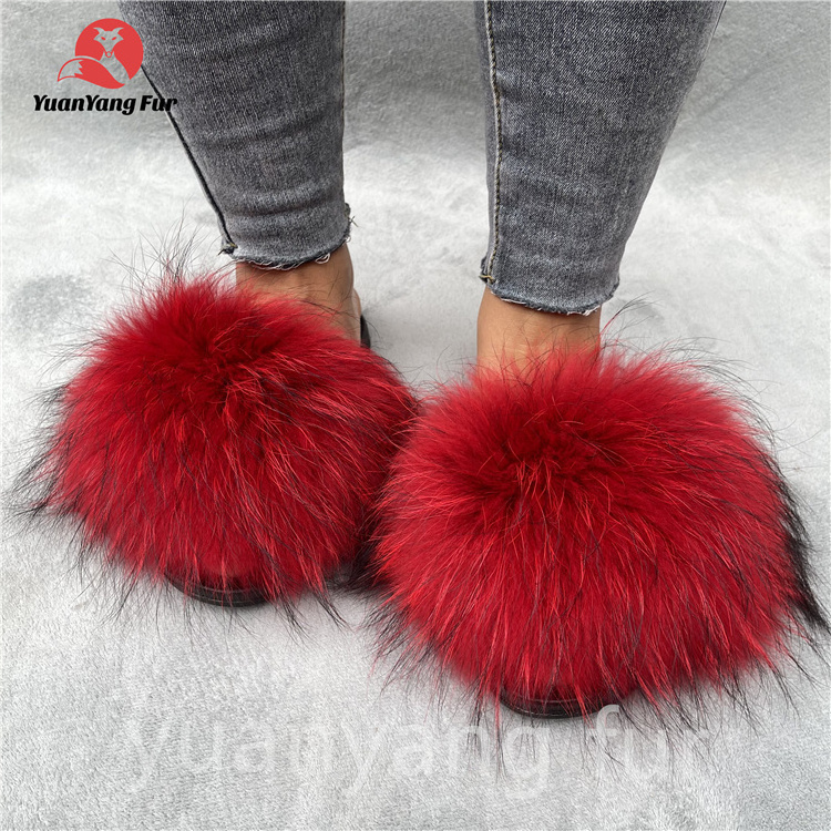 Popular style slides sandals soft big fluffy fox and racoon fur slippers women big fur slides