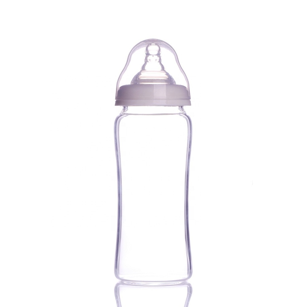 Manufacture High Quality 240ml/8oz Wide Neck Borosilicate Baby Glass Feeding Bottle With Silicone Nipple