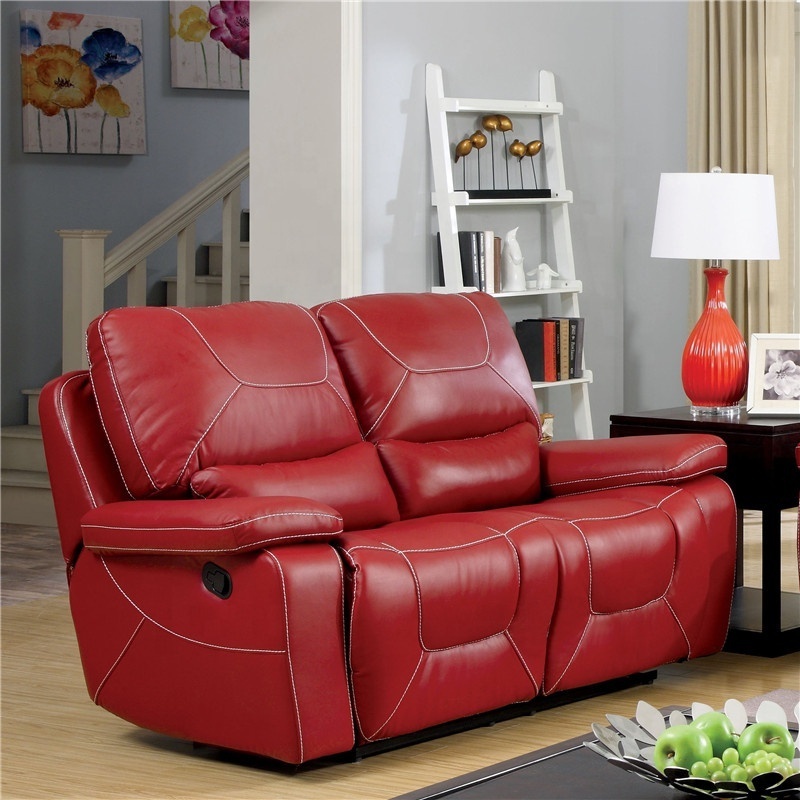 Luxury Red Leather modern living room furniture double recliner sofa set