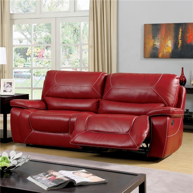 Luxury Red Leather modern living room furniture double recliner sofa set