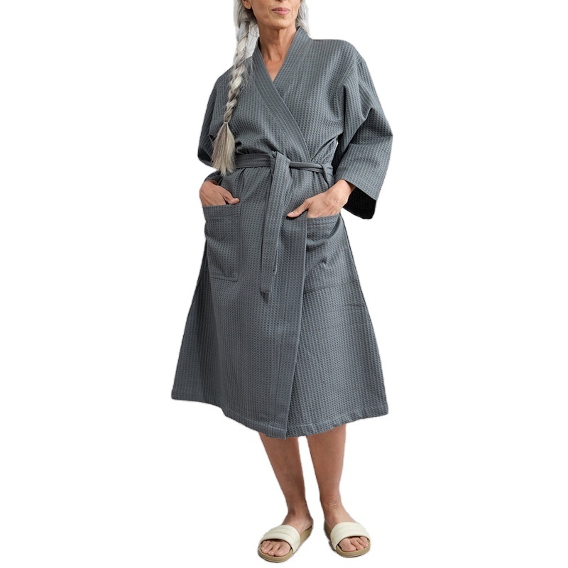 Wholesale Custom Unisex High Quality Solid 100% Organic Cotton Kimono Waffle Knit Robe Women's Bathrobe