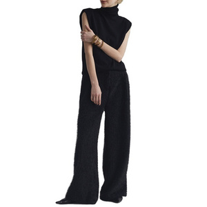 Custom 100% Polyester Mid-weight Wide Leg Fluffy Pants Soft Casual Fuzzy Trouser For Women Autumn Winter Warm