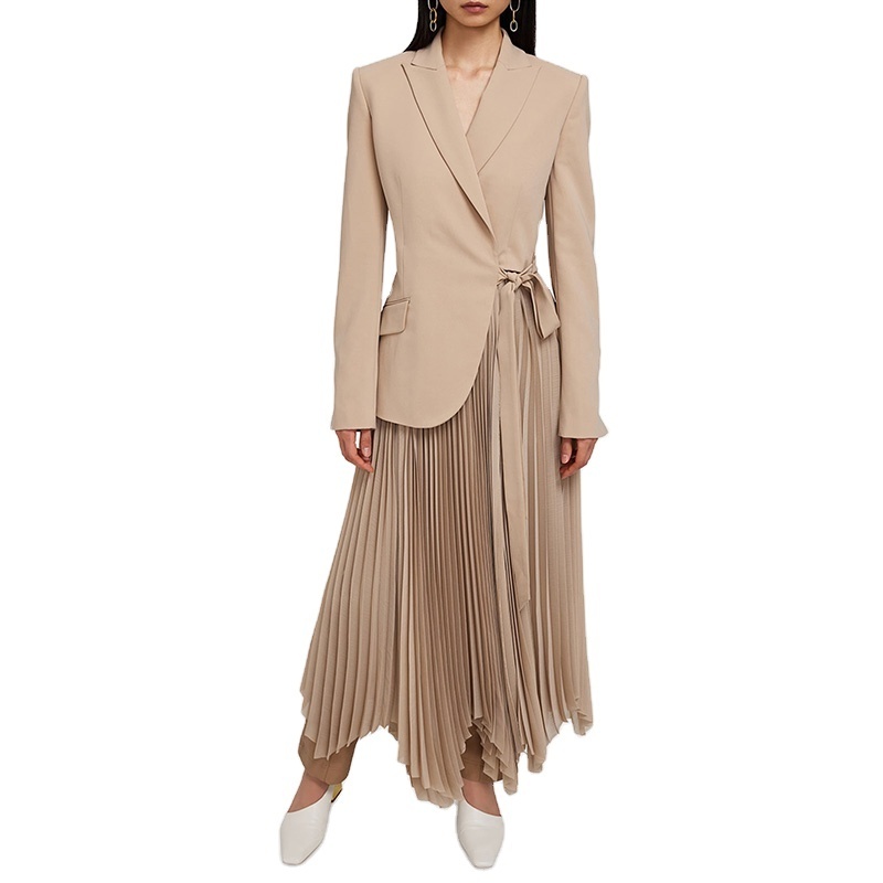 New Arrival Fashion Custom Crepe Combo Blazer Dress Blazer Top And Pleated Handkerchief Skirt One Piece Dress