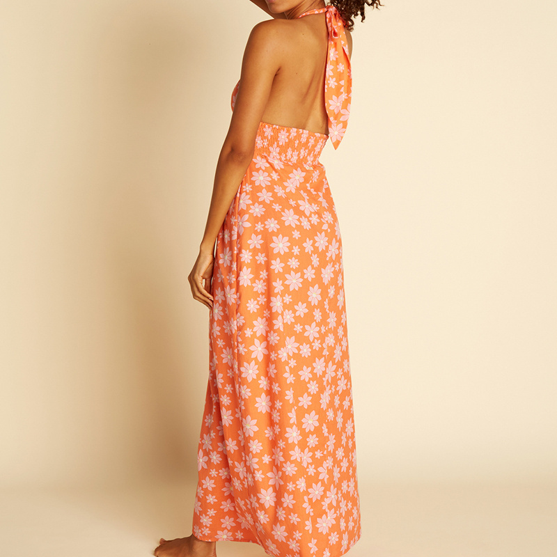 Summer Sexy Beachwear Front Full Button-Up Halter Neckline Backless Slip Floral Maxi Dress For Women