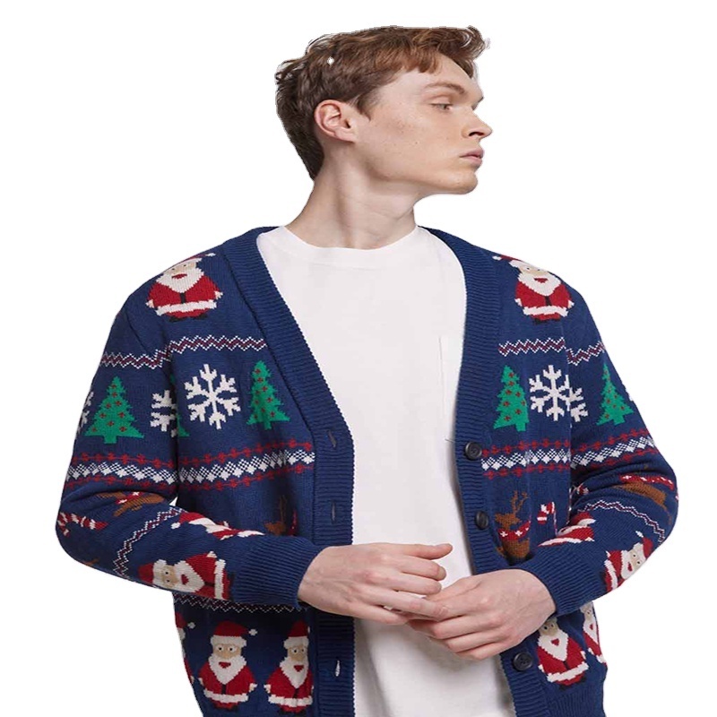 Custom High Quality Warm Single Button Long Sleeve V-Neck Sweater Unisex Christmas Cardigan Soft Women's & Men's Cardigan