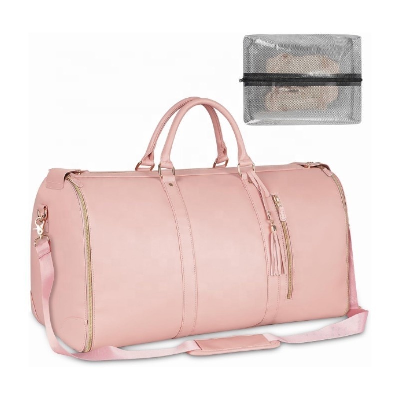 Wholesale Pink PU Leather Travel Storage Bag Portable Folded suiter bag Garment bag with clear shoe pocket for man women