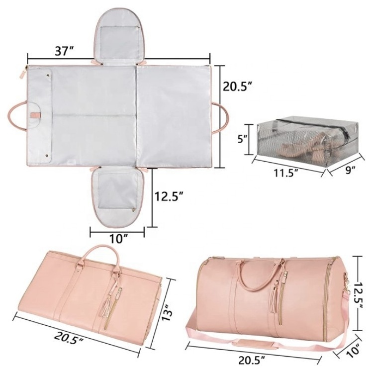 Wholesale Pink PU Leather Travel Storage Bag Portable Folded suiter bag Garment bag with clear shoe pocket for man women