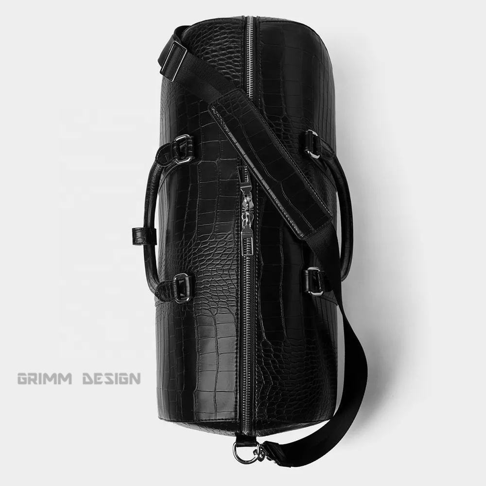 Men's Black Genuine Crocodile Leather Cowhide Large Hand Carry Manufacturer Designer Luggage Bag