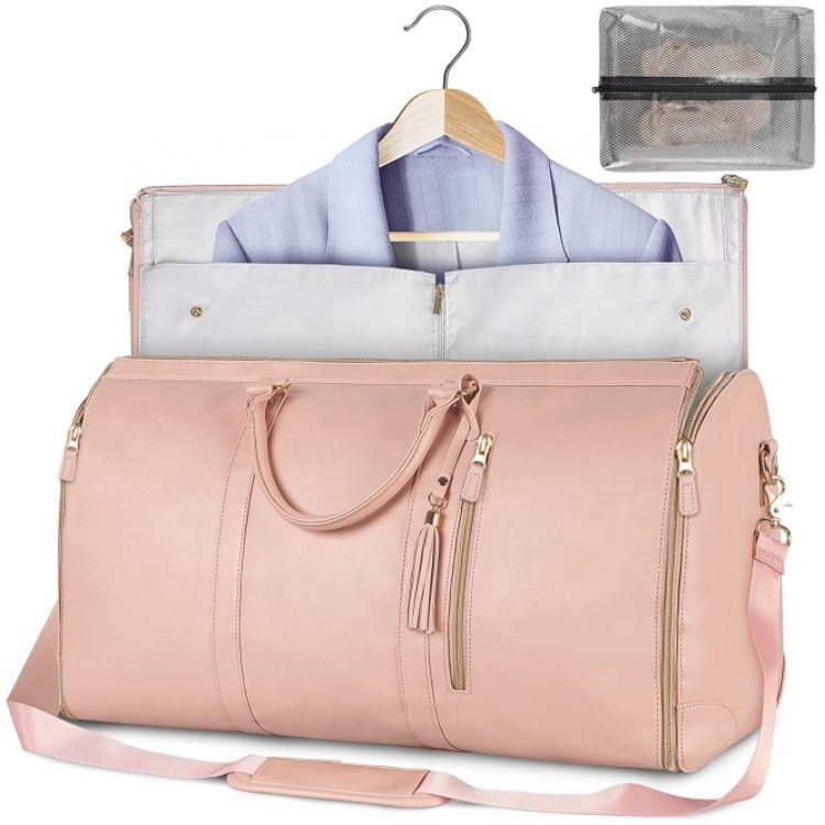 Wholesale Pink PU Leather Travel Storage Bag Portable Folded suiter bag Garment bag with clear shoe pocket for man women