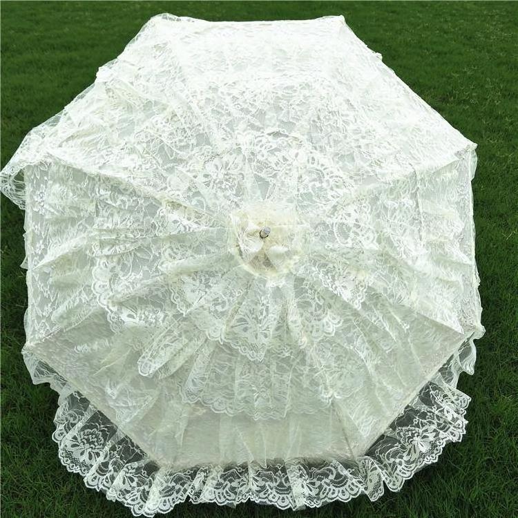 Amazon Hot Sale Excellent Party Gifts Battenburg Lace Wooden Straight Parasol Bridal Accessories Lace Parasol Wedding Umbrella