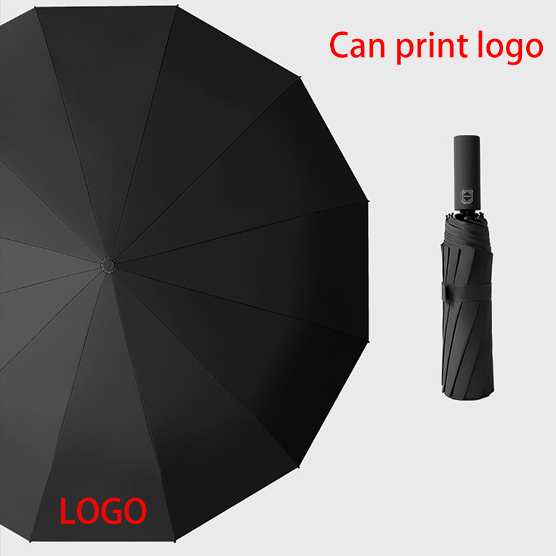 Automatic Umbrella Large 12-bone 24 Ribs Umbrella Fold Wholesale windproof black coating sun and rain umbrella with logo