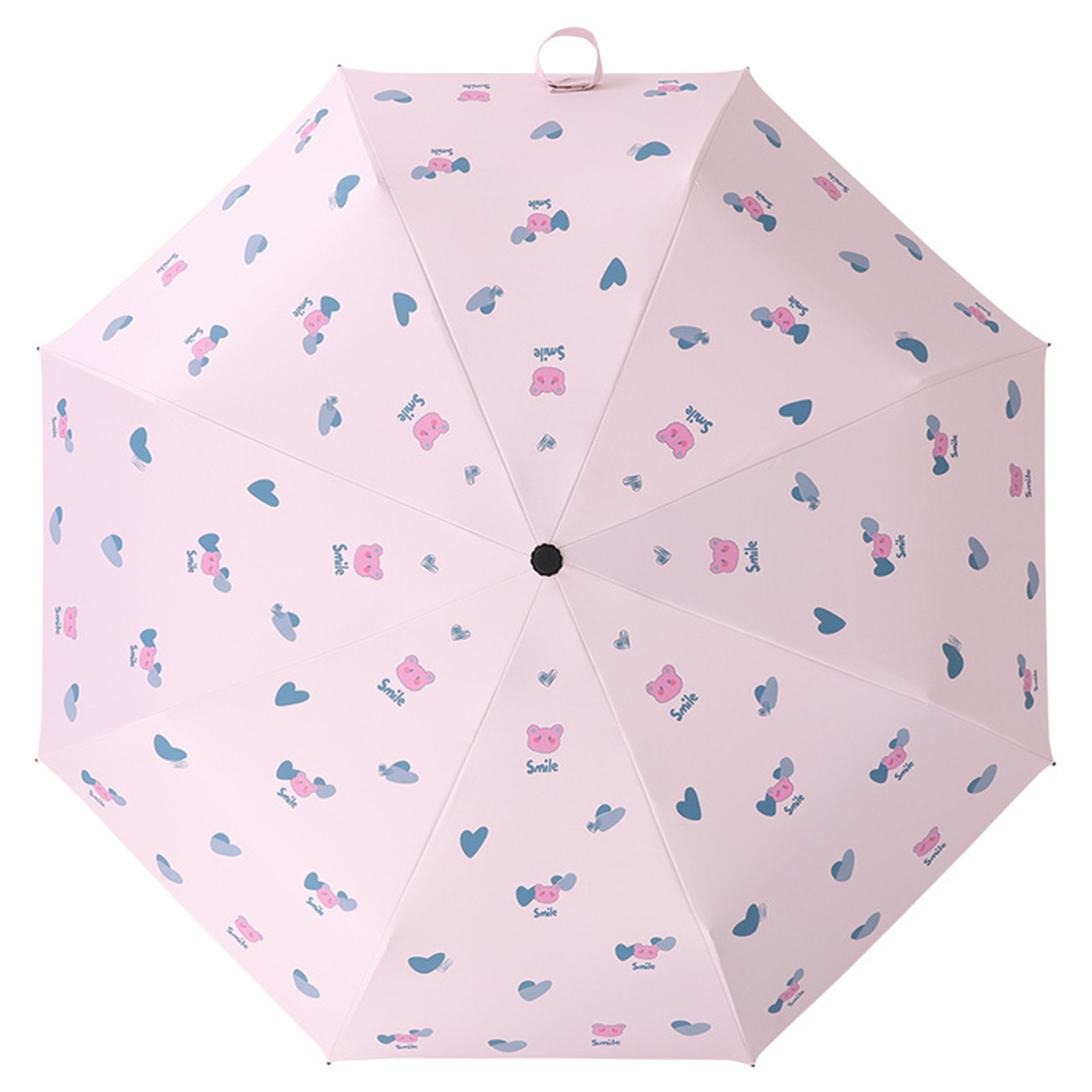 Cartoon cute sunny and rainy dual use UV resistant folding sunshade umbrella with pink love teddy bear on the surface