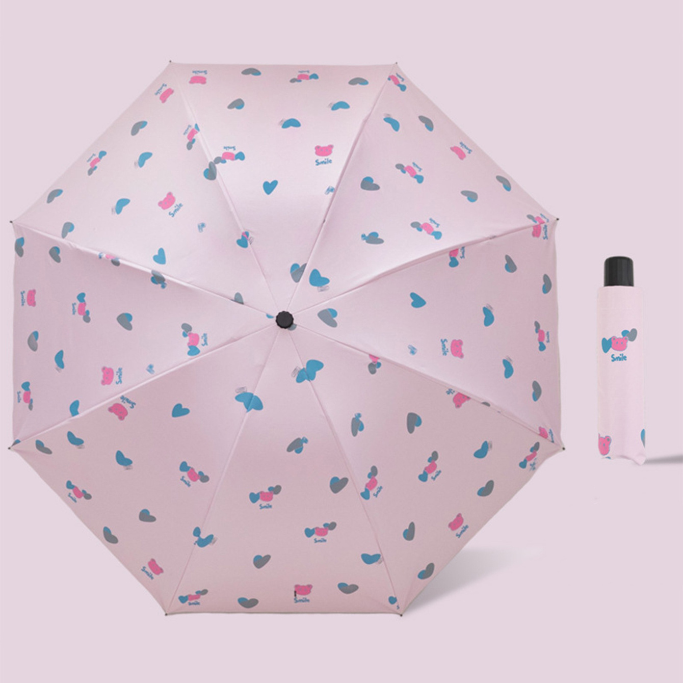 Cartoon cute sunny and rainy dual use UV resistant folding sunshade umbrella with pink love teddy bear on the surface