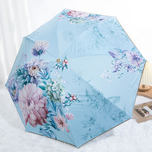 National Wind and Rain Umbrella  Sun Umbrella  Triple Fold  Sun Protection UV Protection Umbrella with Flowers on the Surface