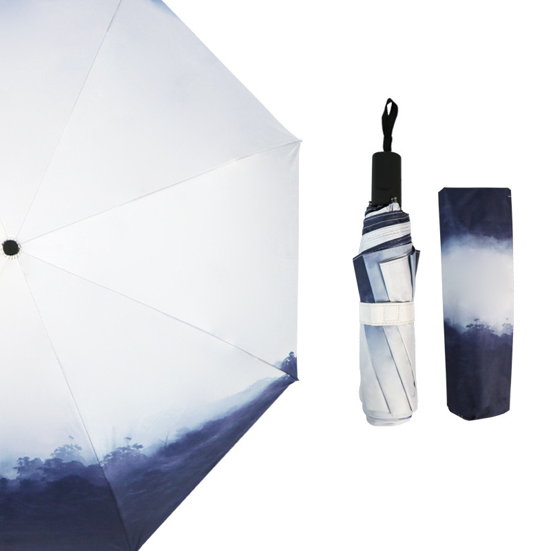 Mountain and Forest Ink Painting Black Adhesive Sun Protection and UV Protection Umbrella UPF50+Folding Umbrella