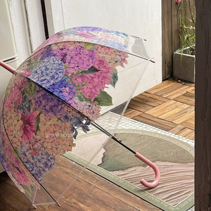 Umbrella with long handle and straight rod Retro hydrangea Butterfly umbrella  transparent