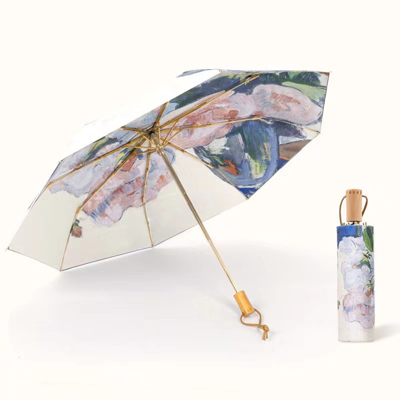 Oil Painting Double Layer Double sided Flower Sun Umbrella Three Fold Sun Protection and UV Protection Umbrella Portable