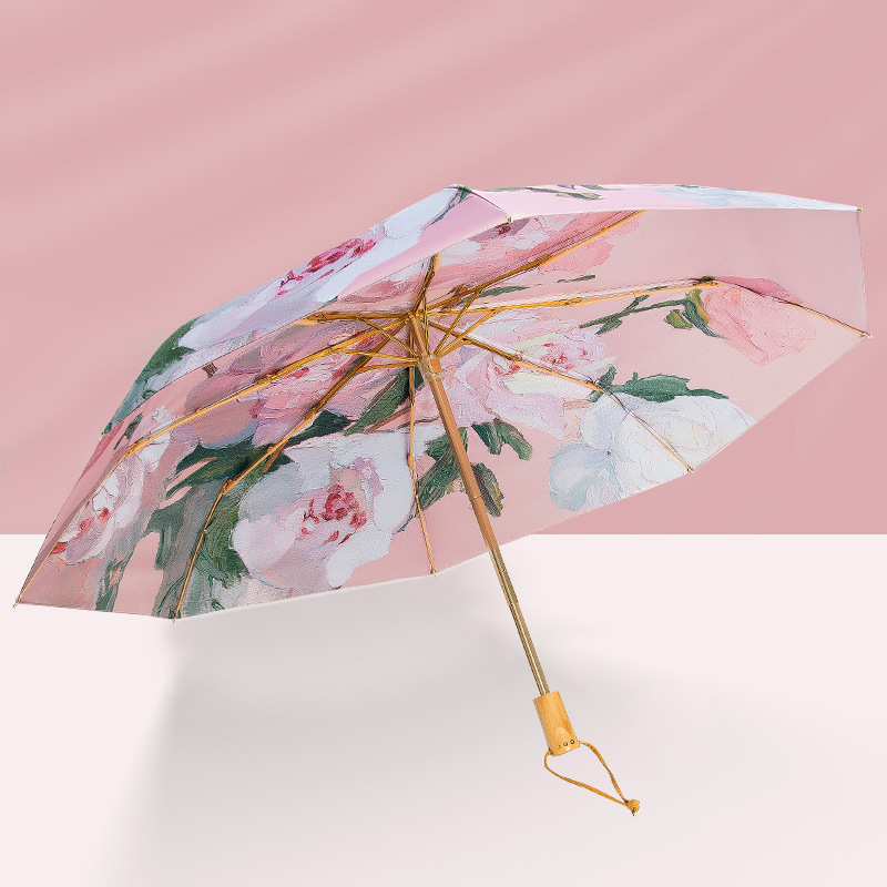 Oil Painting Double Layer Double sided Flower Sun Umbrella Three Fold Sun Protection and UV Protection Umbrella Portable