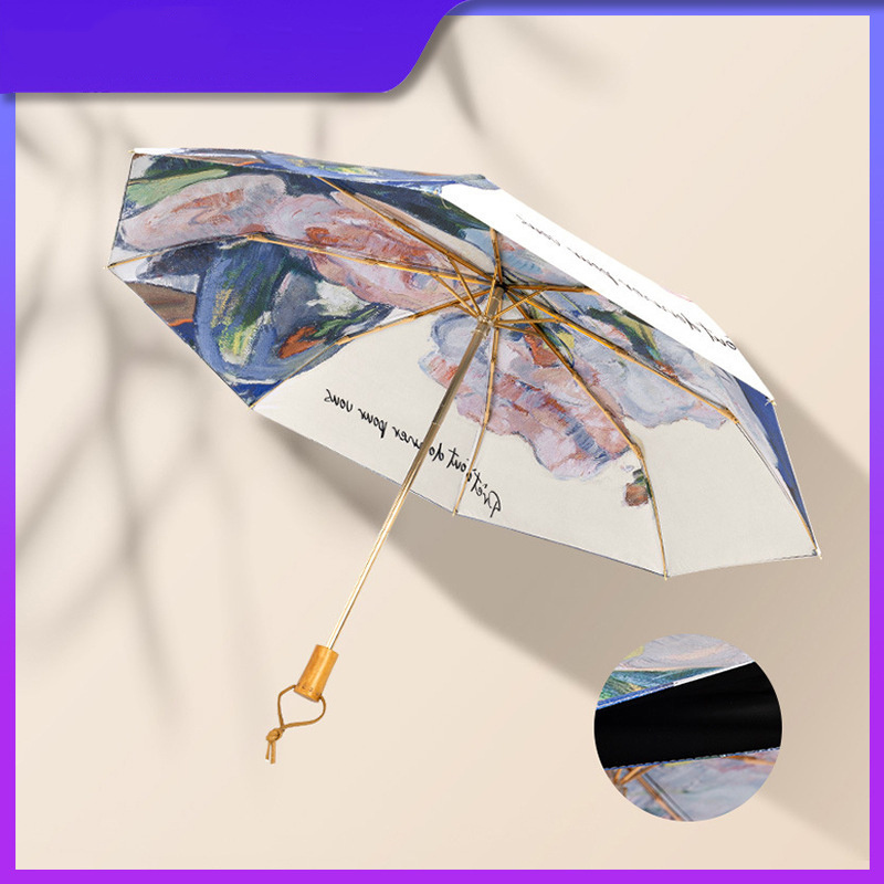 Oil Painting Double Layer Double sided Flower Sun Umbrella Three Fold Sun Protection and UV Protection Umbrella Portable